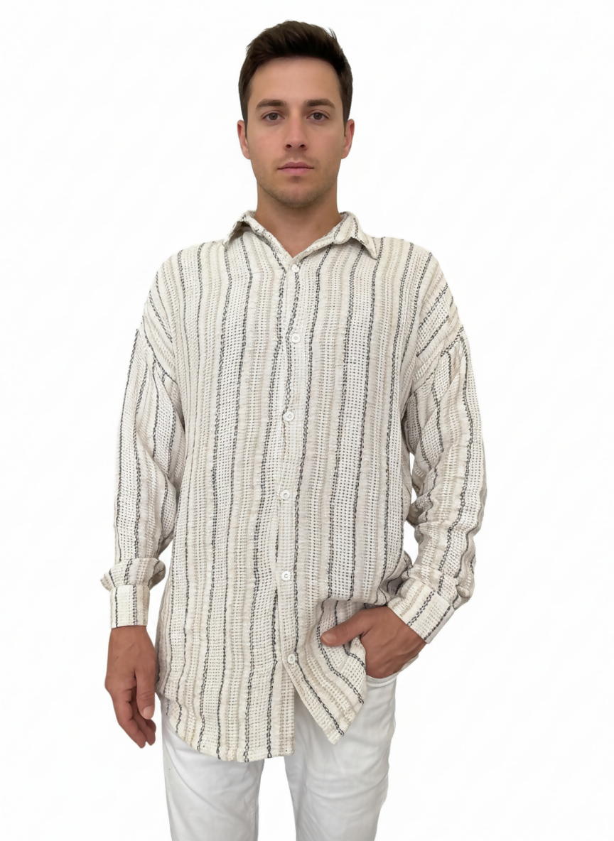 Striped Mandarin Collar Shirt - Beige