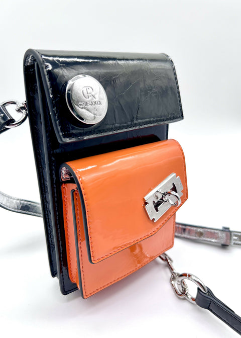 Black & Orange Crossbody Bag CRISANTA Two-Tone Crossbody Mini Bag in Black & Orange with Silver Details