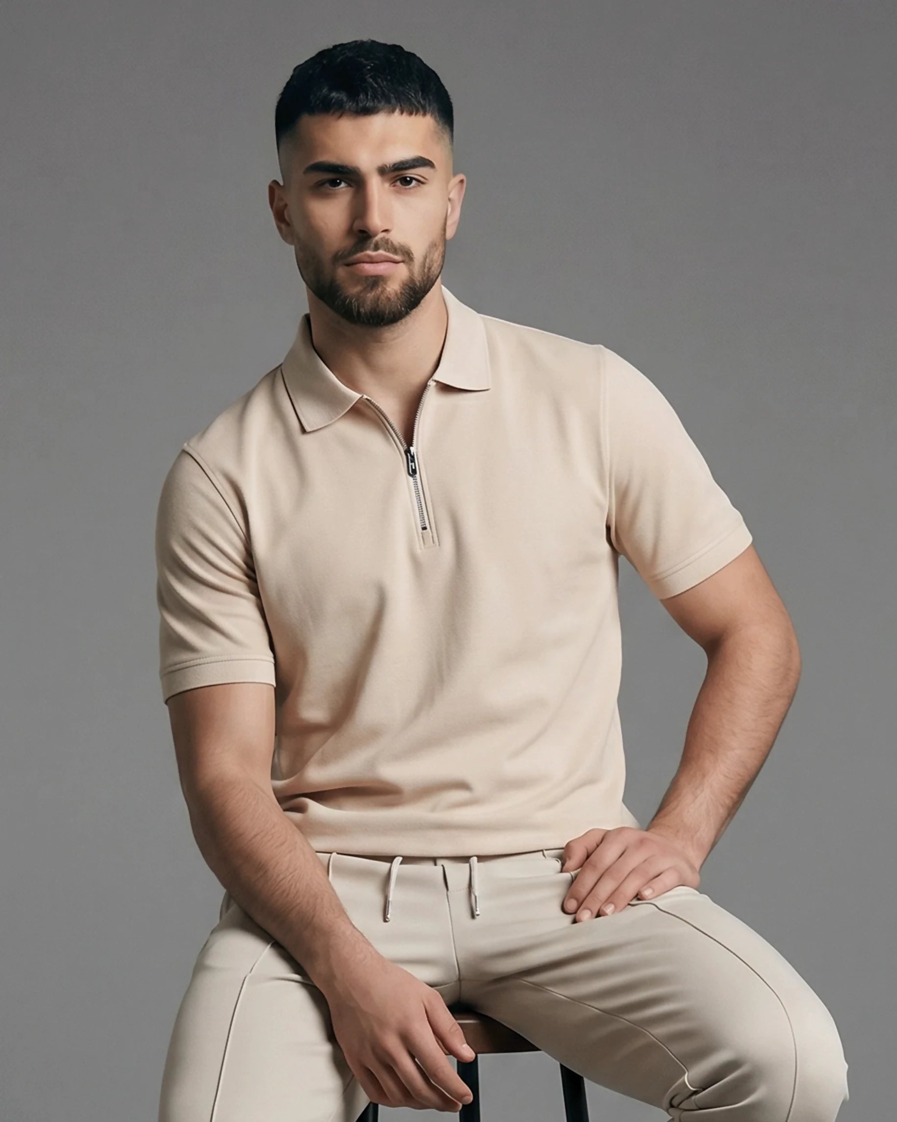 Half-Zip Textured Polo Shirt Beige