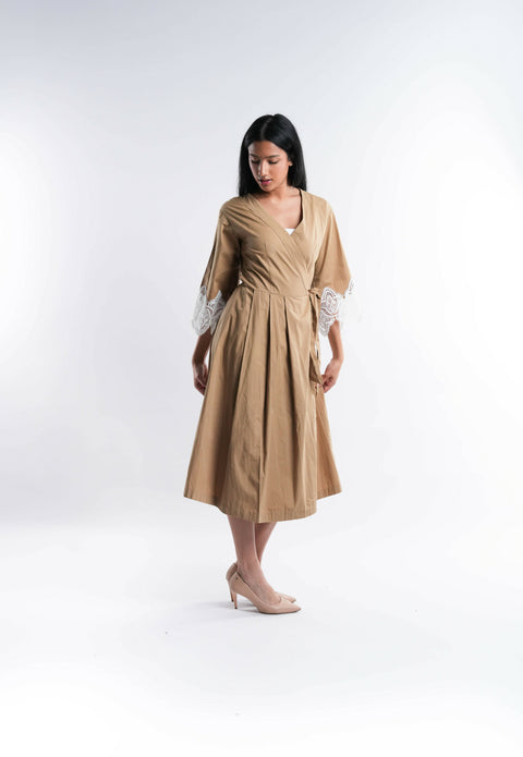 Brown Cotton Dress with White Lace Trim