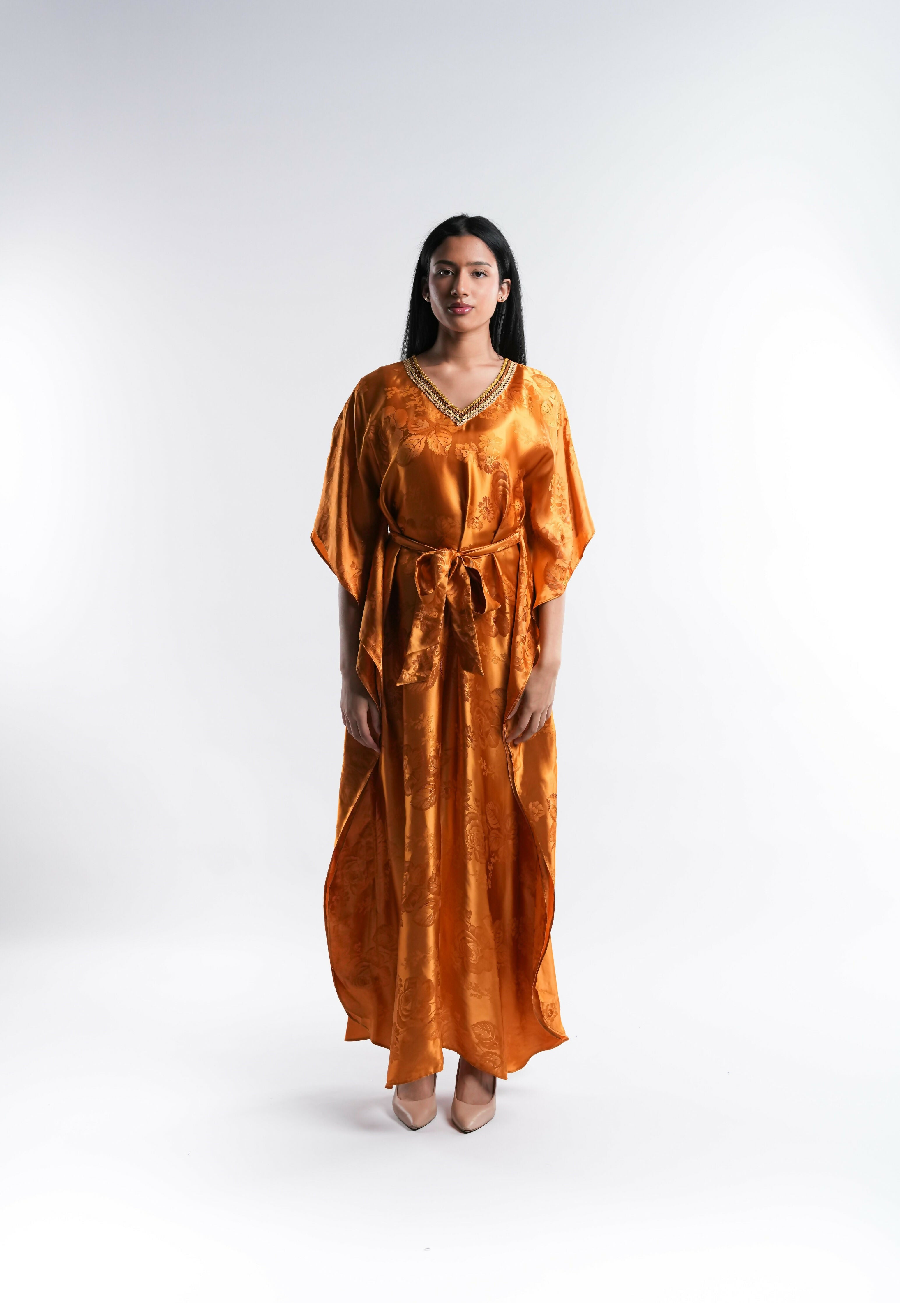 Yellow Satin Kaftan with Lace Detail