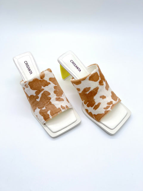CRISANTA Cow Print Mule Heels