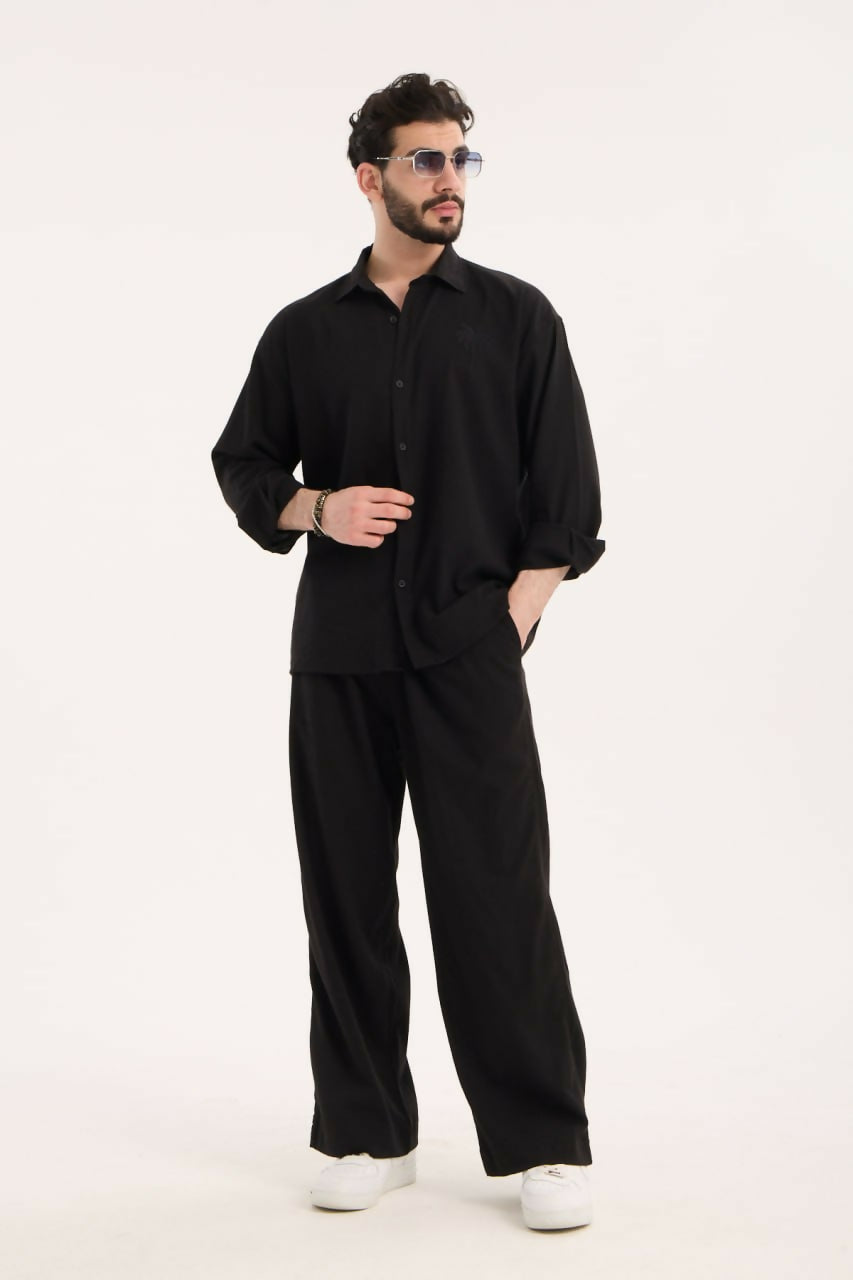 Embroidered Detail Shirt & Pants Set- Black
