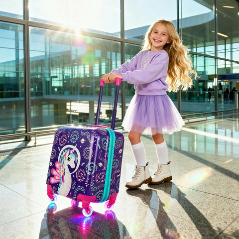 Milk&Moo 18-inch Kids Carry-On Luggage with 360° Glowing Light-Up Wheels, Ayris