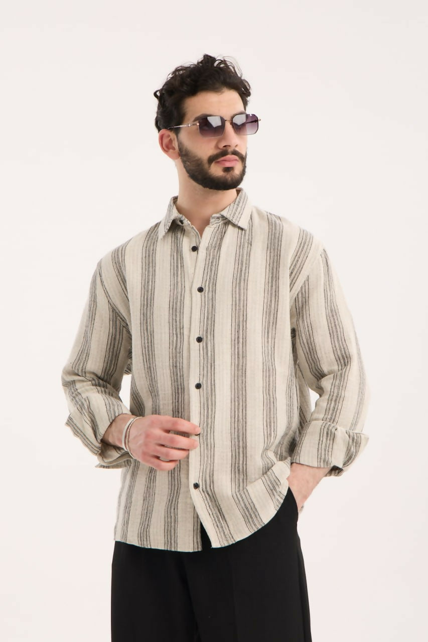 Striped Muslin Shirt with Stand Collar - Black