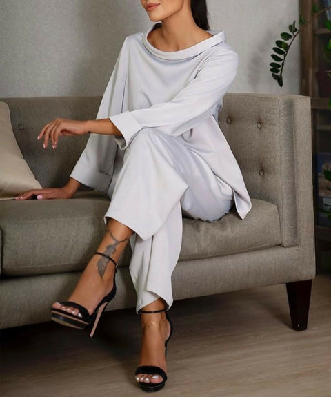 Silver Silk Long Sleeve Shirt and Midi Trousers Set