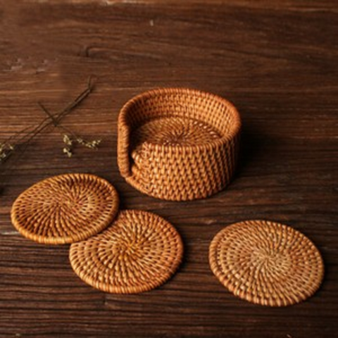 Round Rattan Coaster Set of 6 with holder