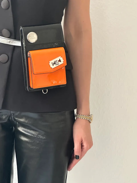 Black & Orange Crossbody Bag CRISANTA Two-Tone Crossbody Mini Bag in Black & Orange with Silver Details