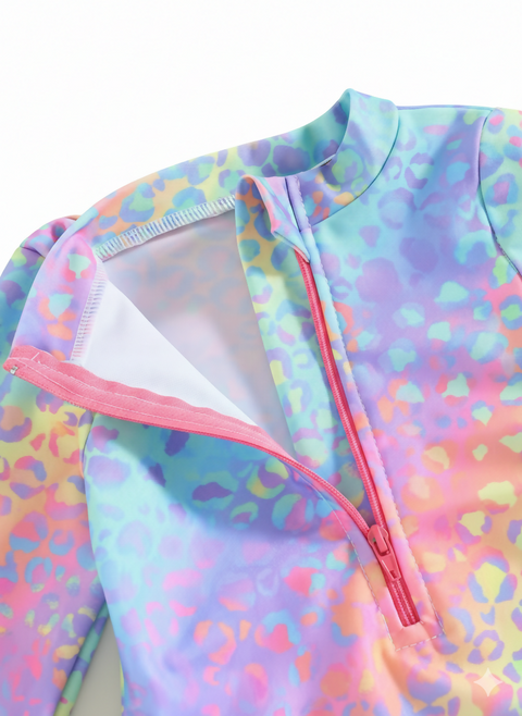 Pastel Leopard Long Sleeve Rashguard Girls Swimsuit