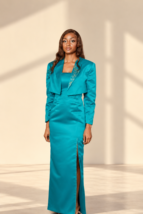 Icona Stile Turquoise Hand-Painted Corset Dress & Figaro Jacket Set