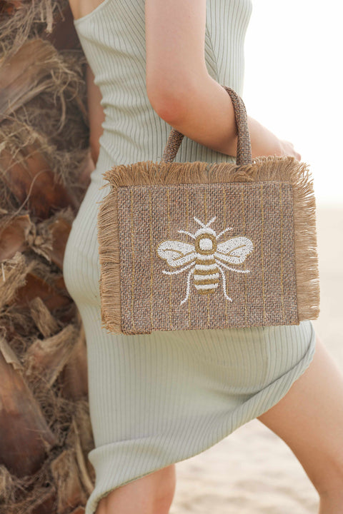 White & Gold Bee Design Small Tote Bag