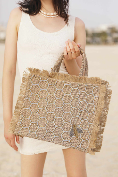 Grey Honeycomb bee design big tote bag