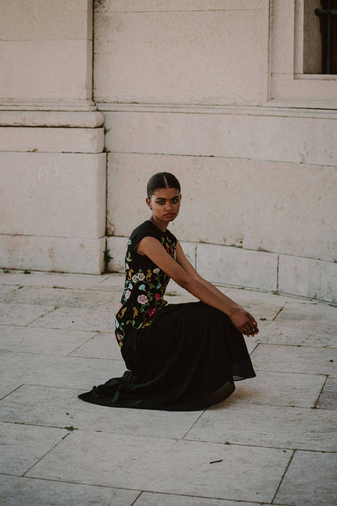 Madeline Embroidered Black Maxi Dress