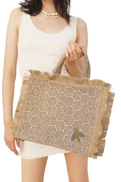 Grey Honeycomb bee design big tote bag