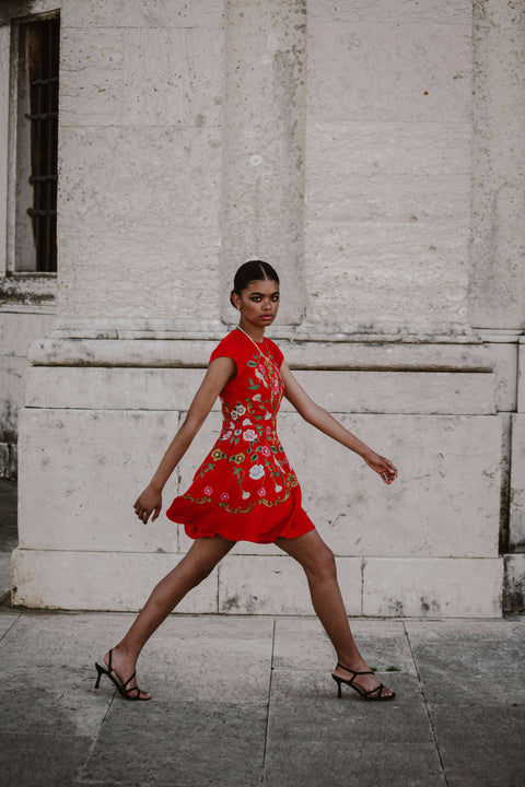 Madeline Embroidered Red Mini Dress