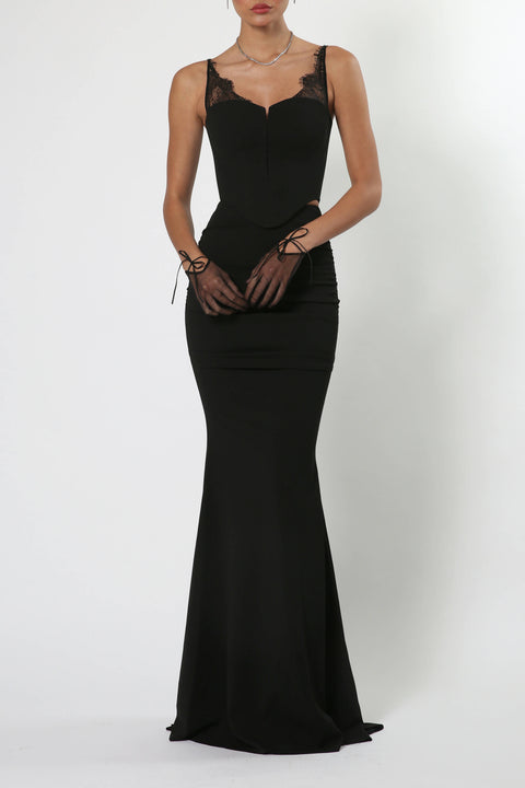 Maxi Fitted Scuba Dress with Gloves in Black