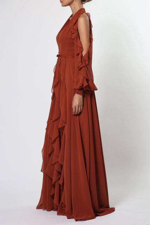 Maxi Chiffon Dress with Ruffles in Brick