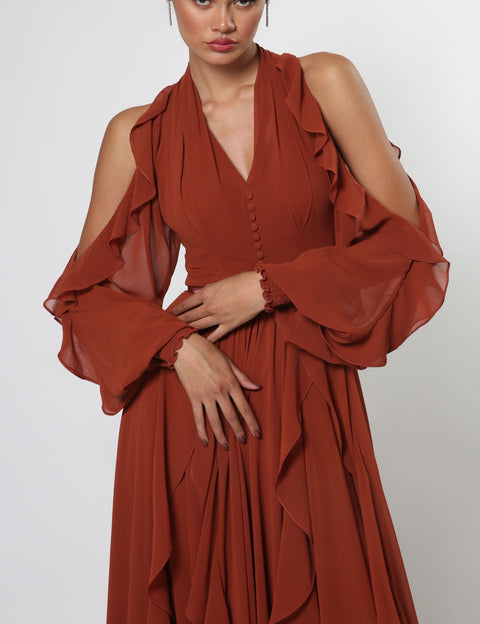 Maxi Chiffon Dress with Ruffles in Brick