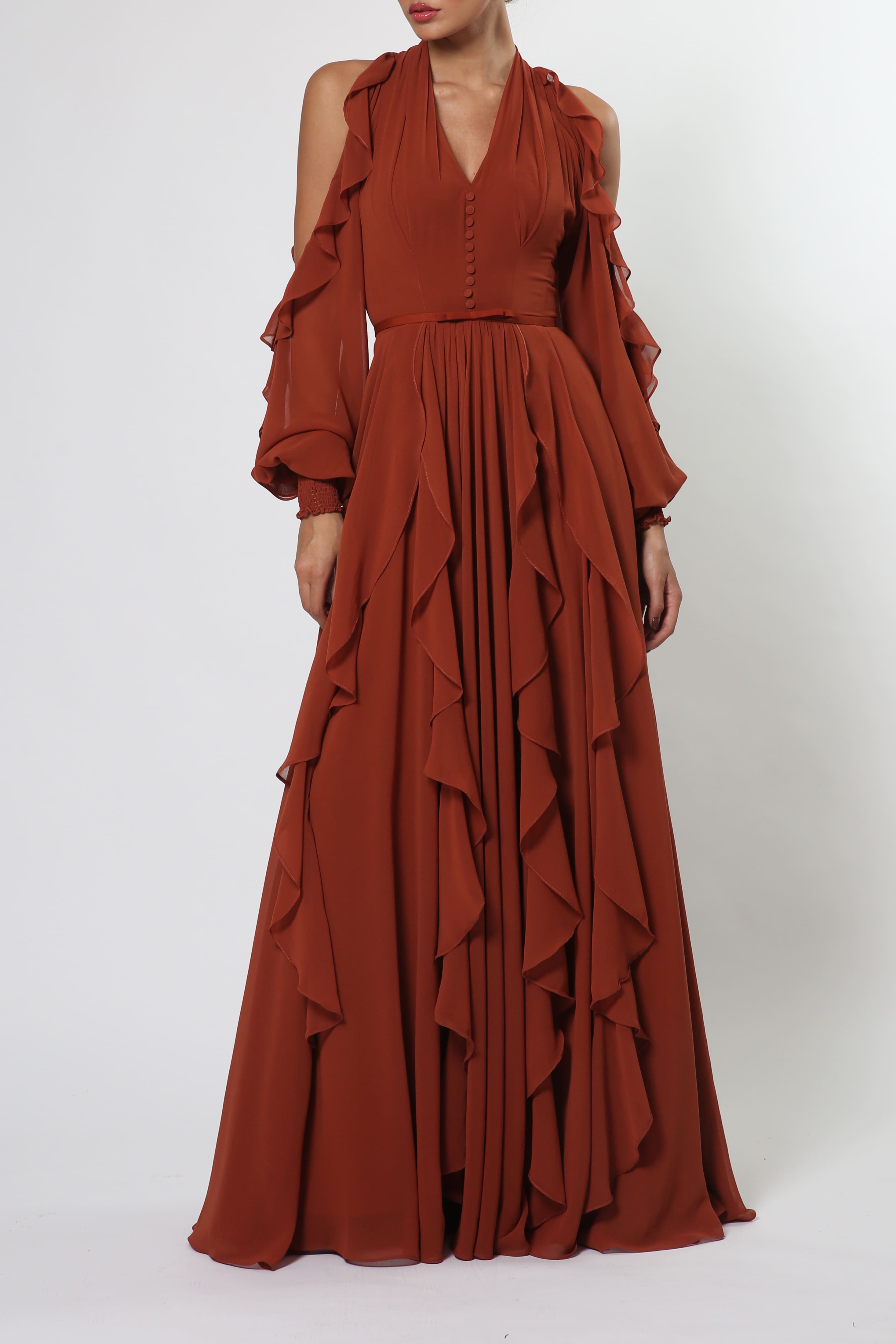 Maxi Chiffon Dress with Ruffles in Brick