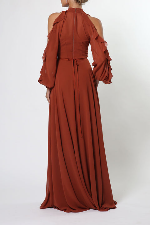 Maxi Chiffon Dress with Ruffles in Brick