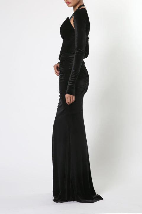 Maxi Velvet Dress with Shoulder Cutout in Black