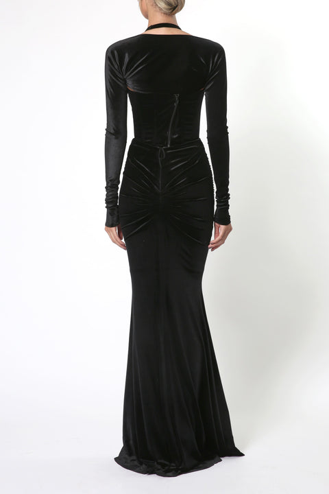 Maxi Velvet Dress with Shoulder Cutout in Black
