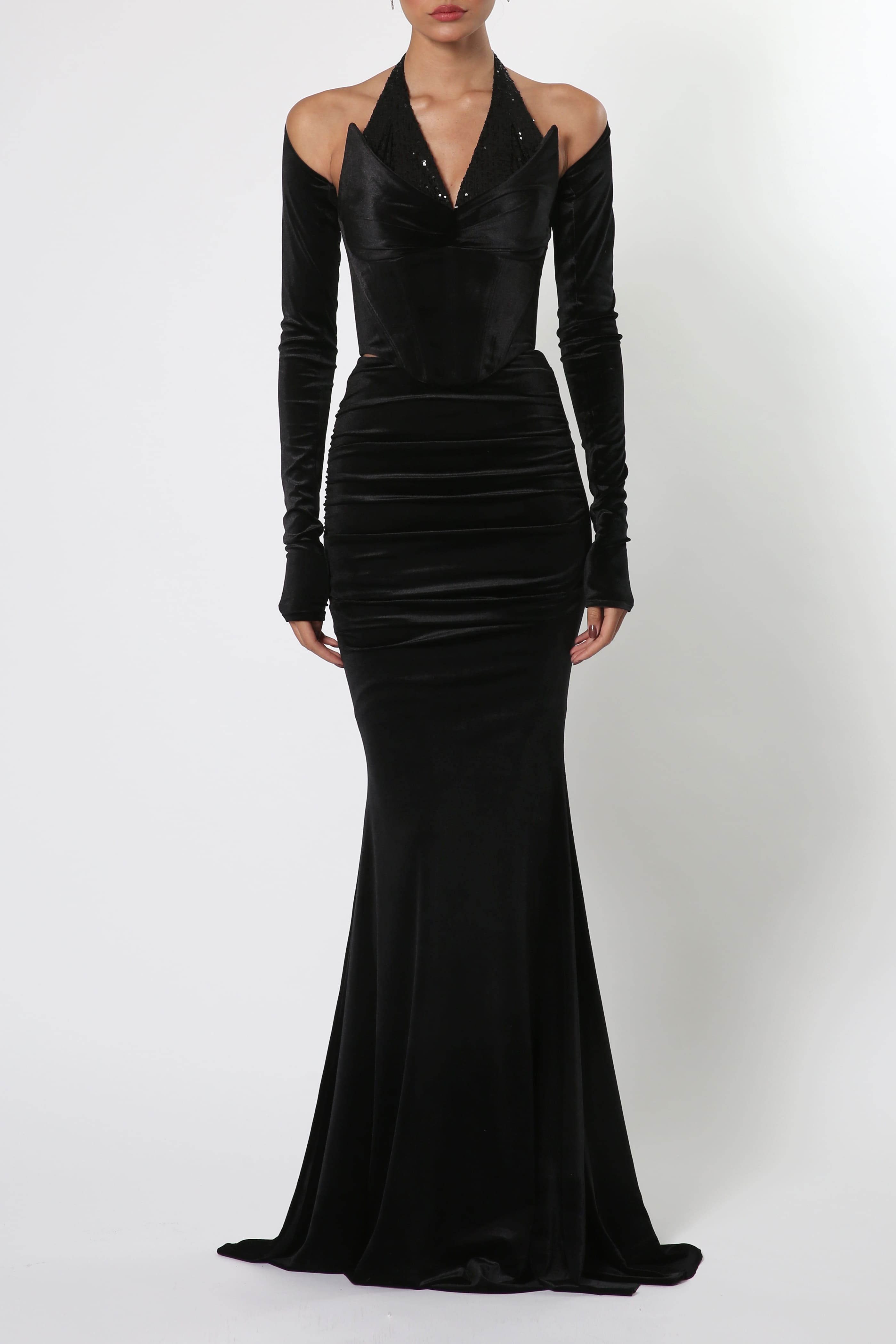 Maxi Velvet Dress with Shoulder Cutout in Black