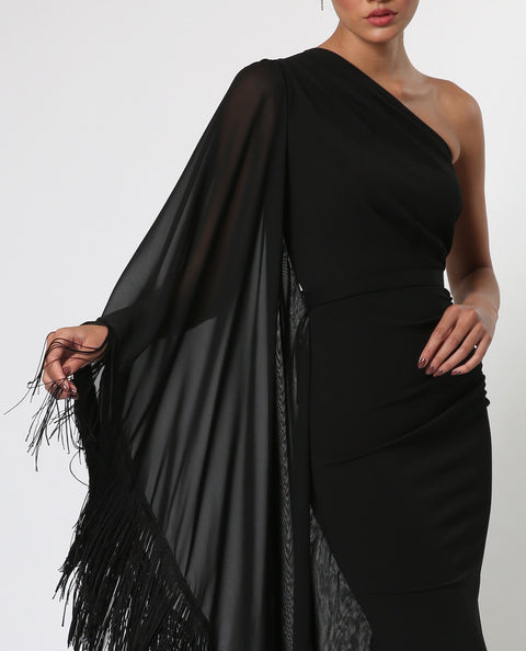 Maxi Scuba Dress with One Sleeve in Black