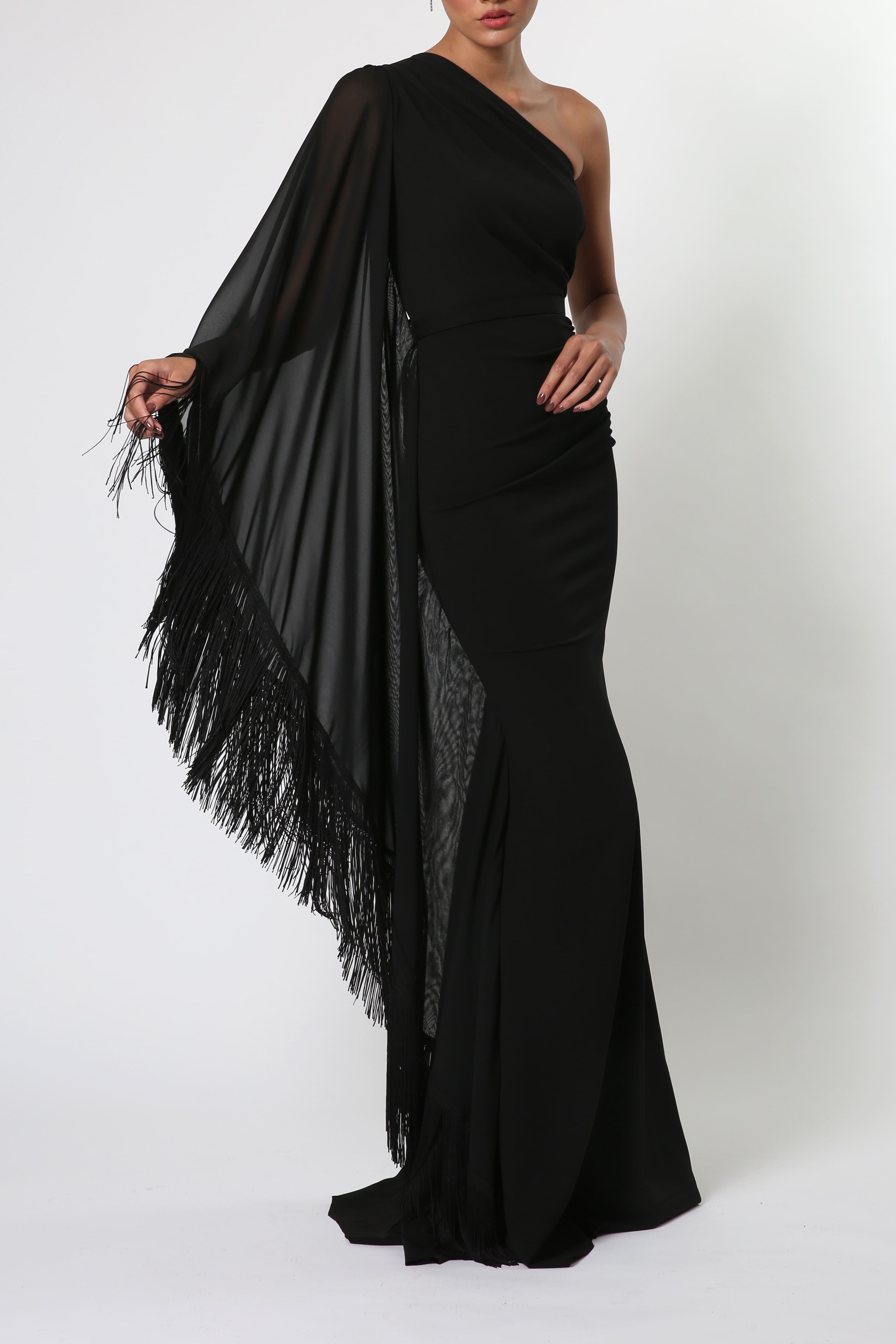 Maxi Scuba Dress with One Sleeve in Black