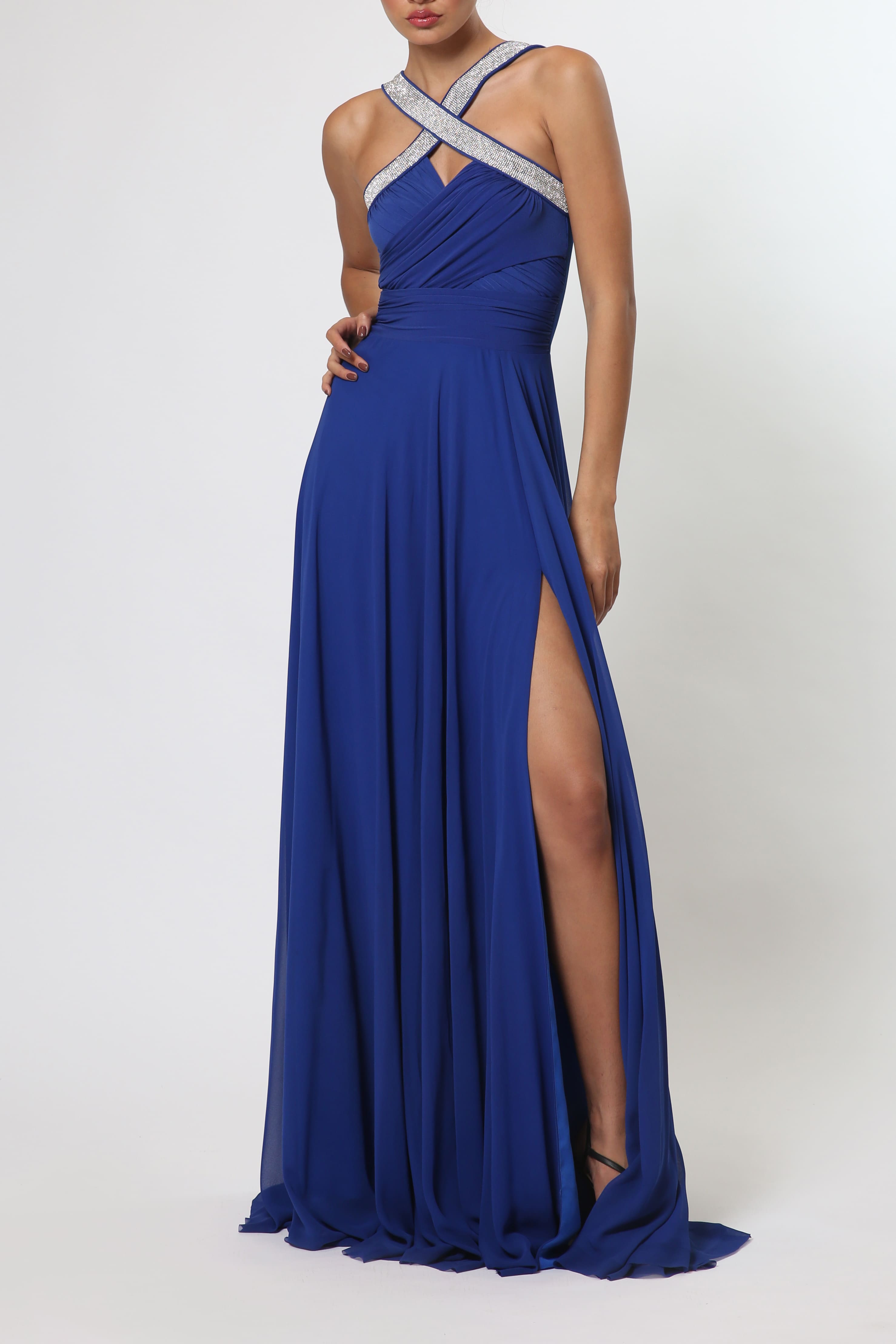 Maxi Chiffon Dress with Crossover Neck in Blue