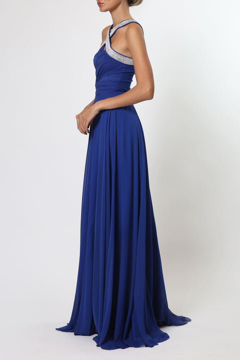 Maxi Chiffon Dress with Crossover Neck in Blue