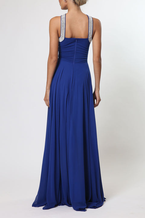 Maxi Chiffon Dress with Crossover Neck in Blue