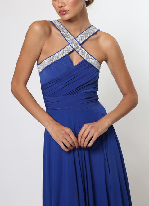Maxi Chiffon Dress with Crossover Neck in Blue