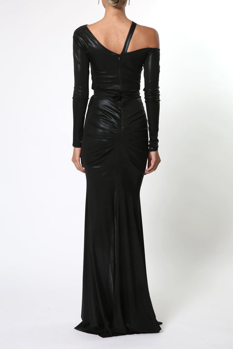 Maxi Assymetric Dress in Metallic Black