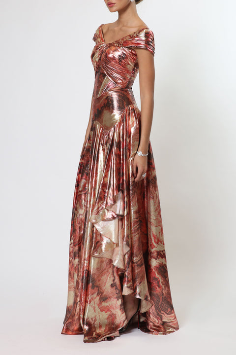 Maxi Off-shoulder Printed Dress in Metallic
