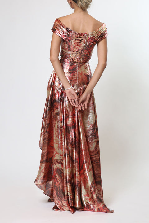 Maxi Off-shoulder Printed Dress in Metallic
