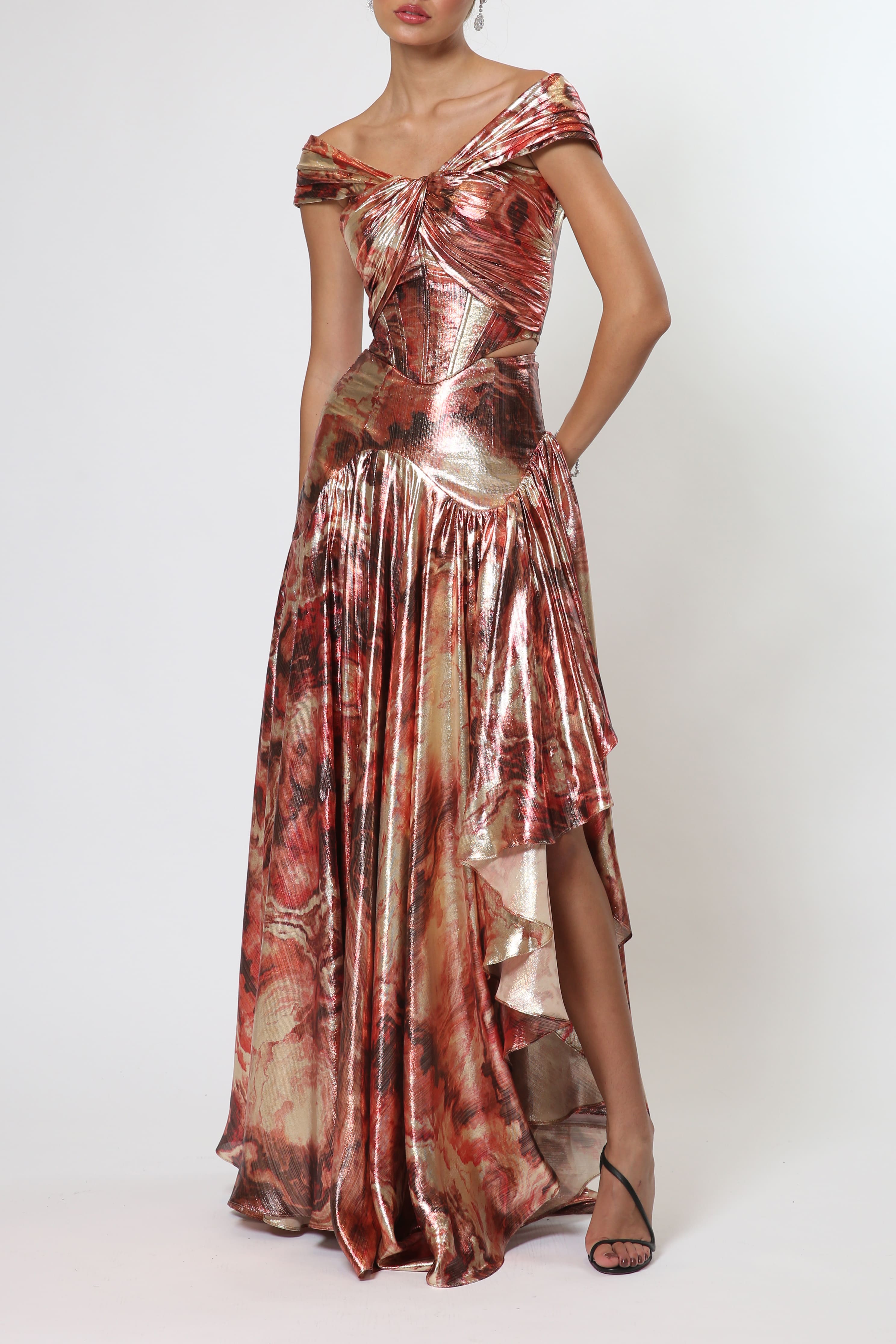 Maxi Off-shoulder Printed Dress in Metallic
