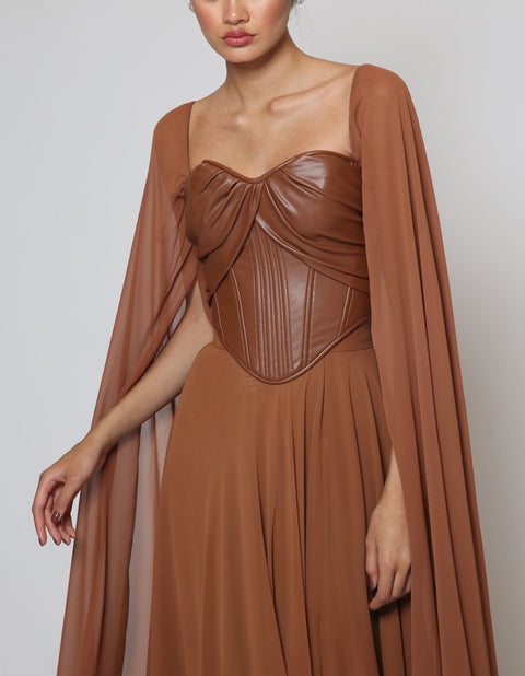 Combined Dress with Maxi Sleeves in Brown