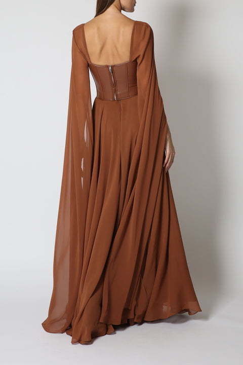 Combined Dress with Maxi Sleeves in Brown