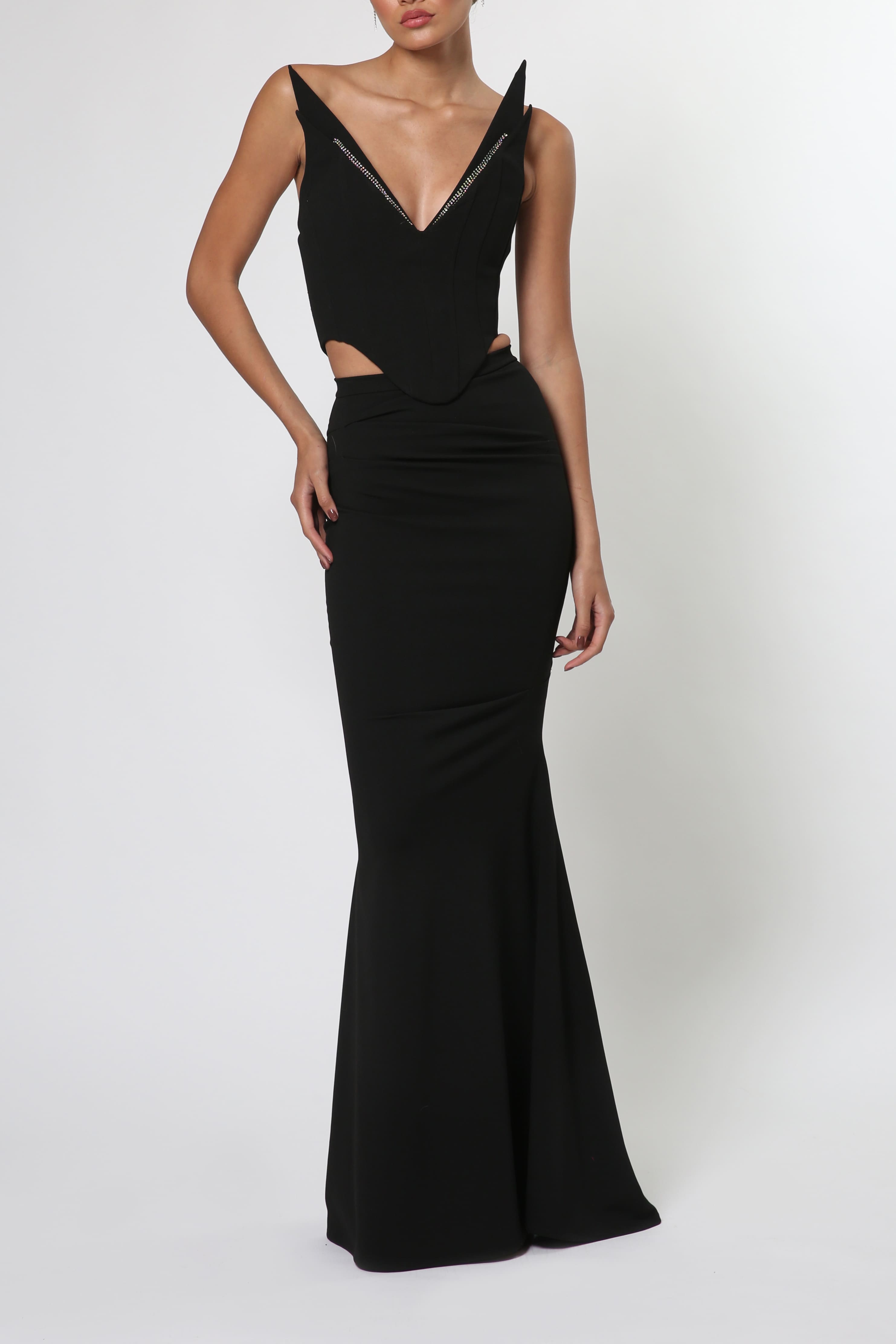 Maxi Set Dress with Pointed Corset in Black