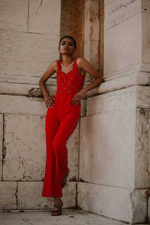 Madeline Embellished Red Jumpsuit