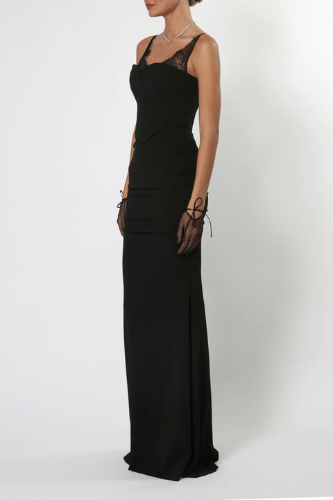 Maxi Fitted Scuba Dress with Gloves in Black