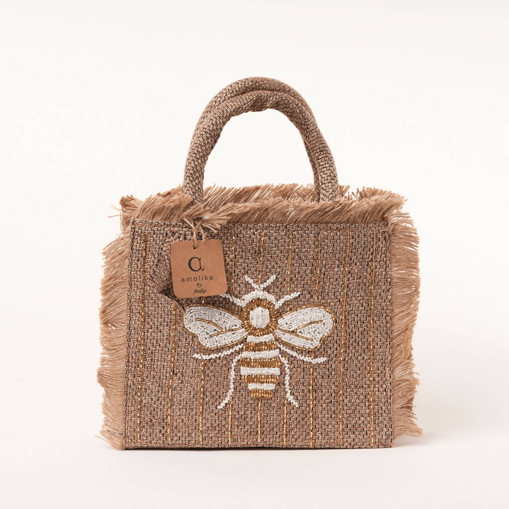 White & Gold Bee Design Small Tote Bag