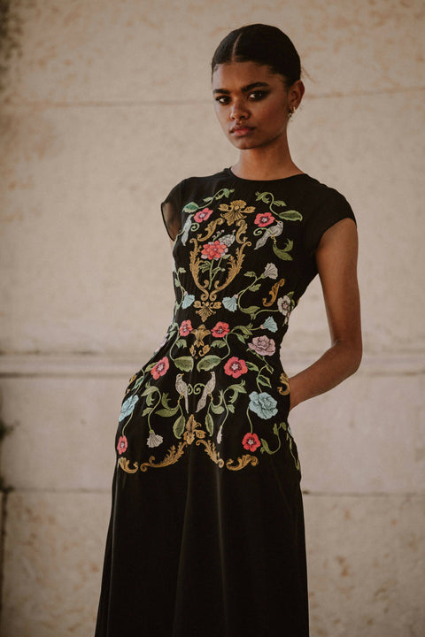Madeline Embroidered Black Maxi Dress