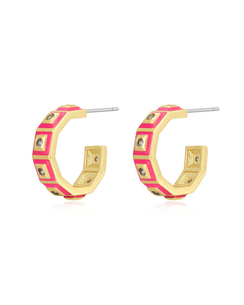 Mini Pyramid Stud Hoops Hot Pink Gold