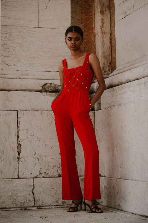 Madeline Embellished Red Jumpsuit