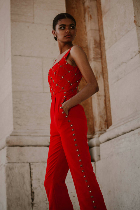 Madeline Embellished Red Jumpsuit