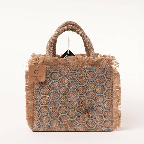 Grey Honeycomb bee design small tote bag