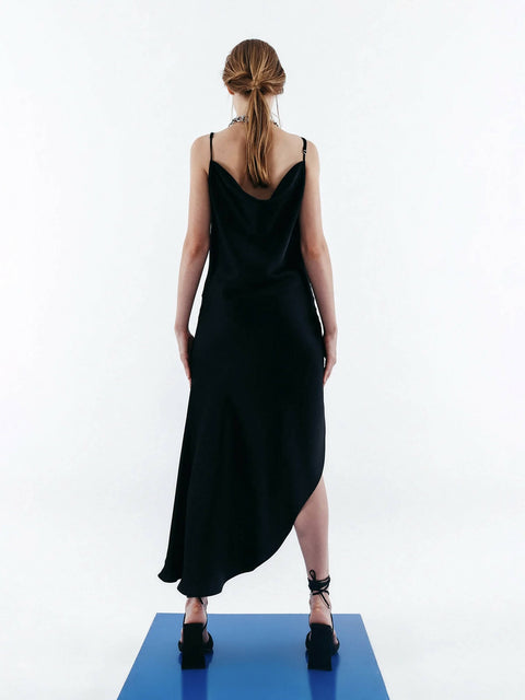 Asymmetric Black Satin Dress