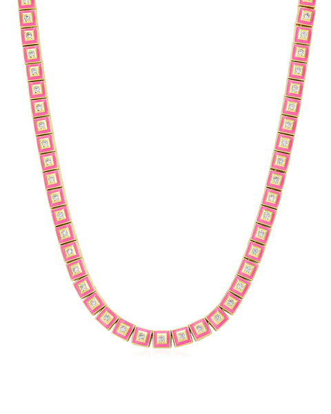 Pyramid Stud Tennis Necklace Hot Pink Gold